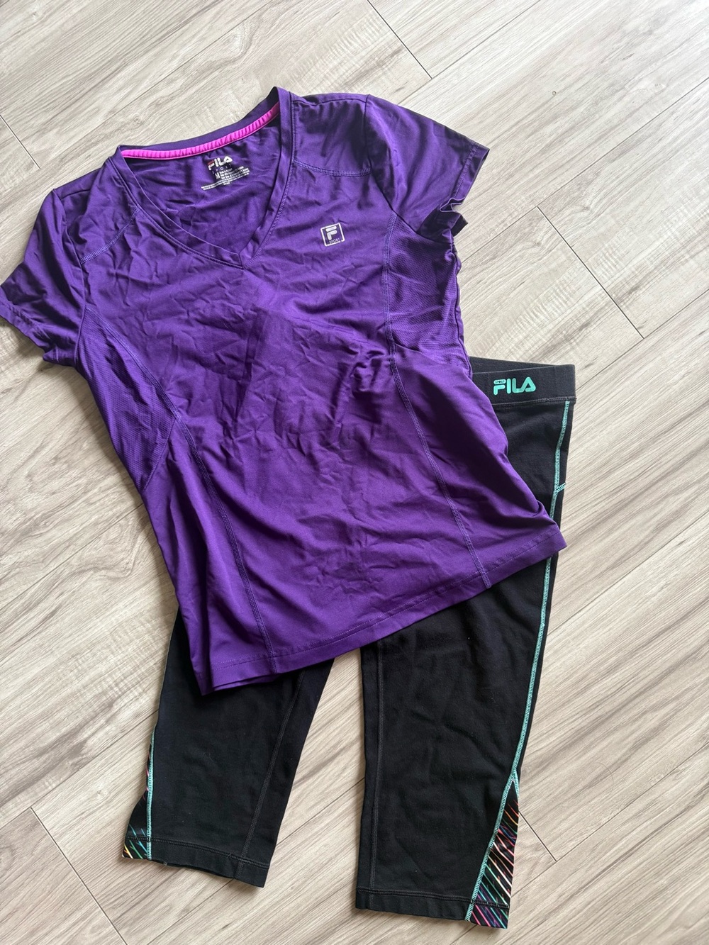 FILA Purple V-Neck Active Top with Black Capri Leggings